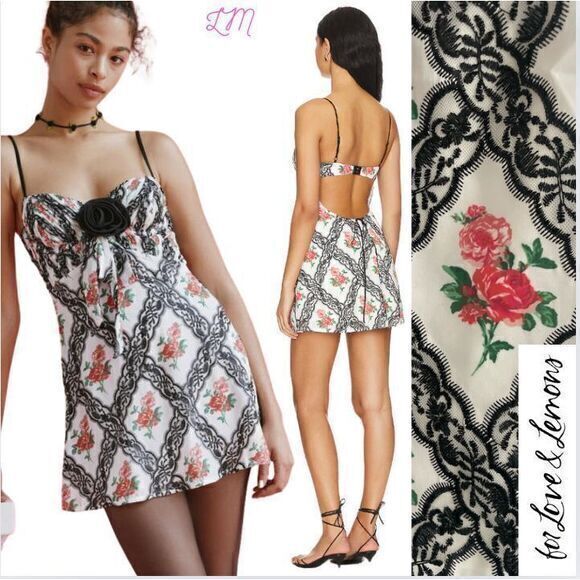 For Love And Lemons Dresses & Skirts - For‎ Love and Lemons Greta Mini Dress Size Small Black Lace Red Roses